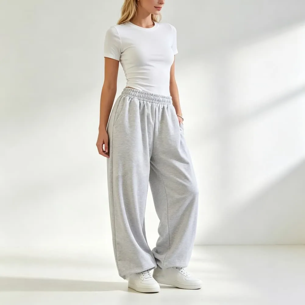 Womens Polyester Wide Leg Sweatpants Loose for Fit Elastic Waistband Solid Pattern for Warm Season Vacation and Use