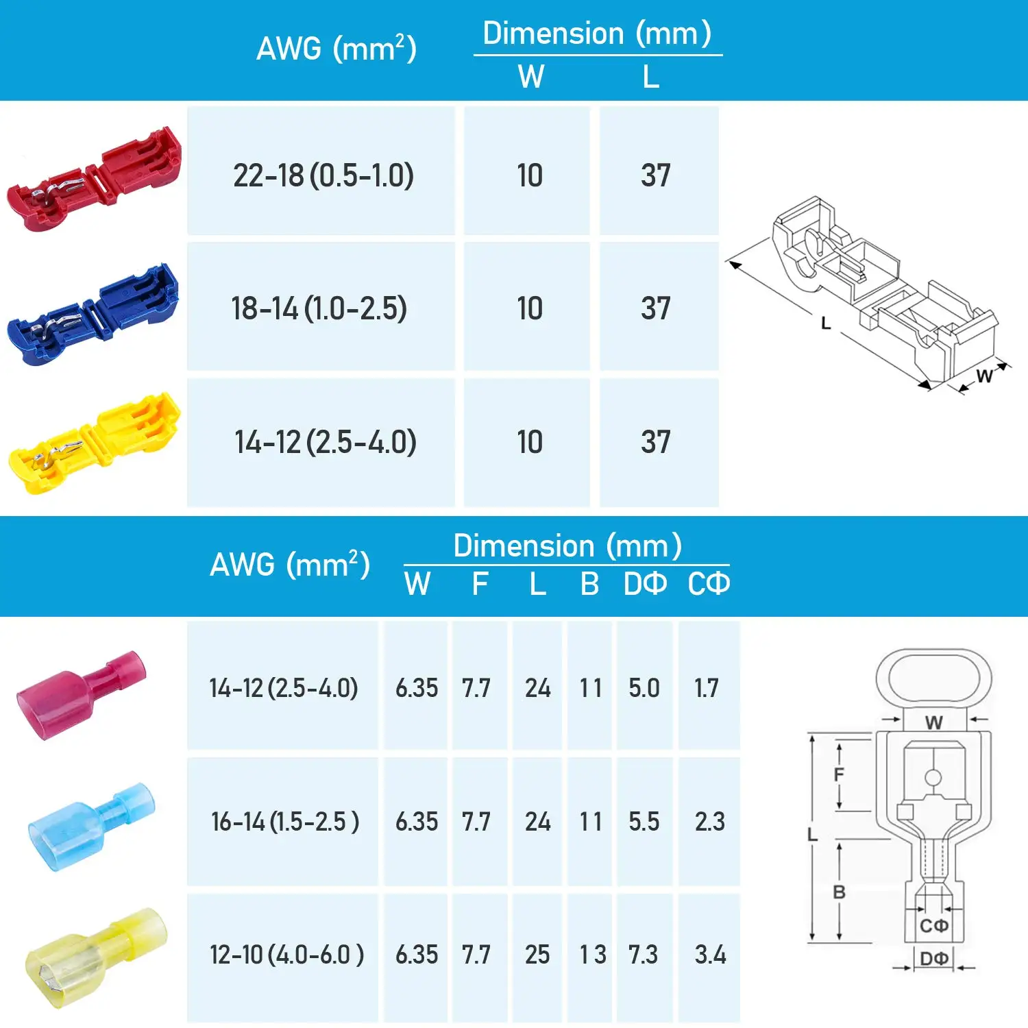 60PCS T-Tap Type Electrical Connector Crimp Terminals Connectors Splice Insulated Male Female Terminals Fast Wire Terminal
