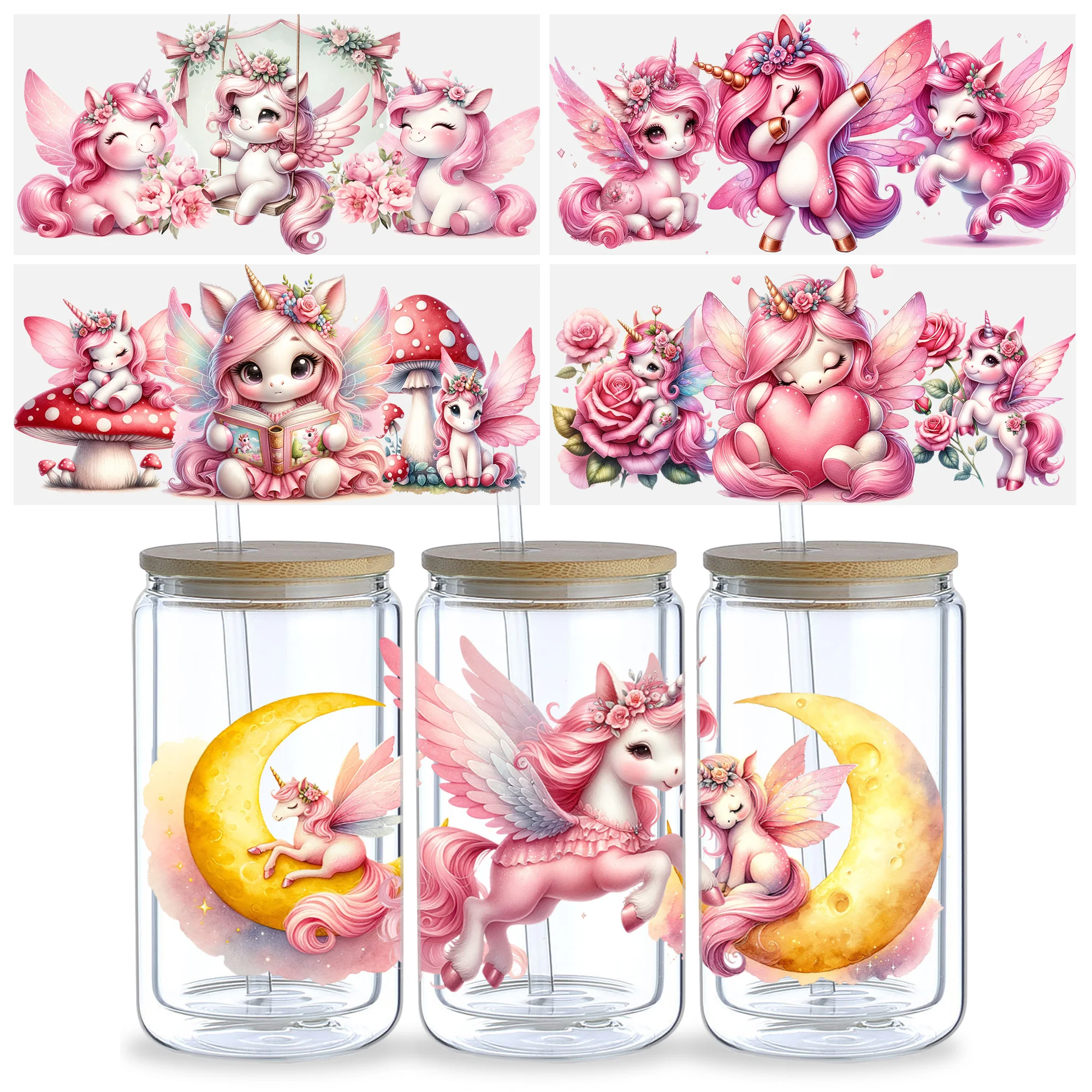 5 Sheets Unicorn UV DTF Cup Stickers 16 oz, DTF Friction Transfer Stickers, Waterproof Cute Unicorn Stickers for DIY