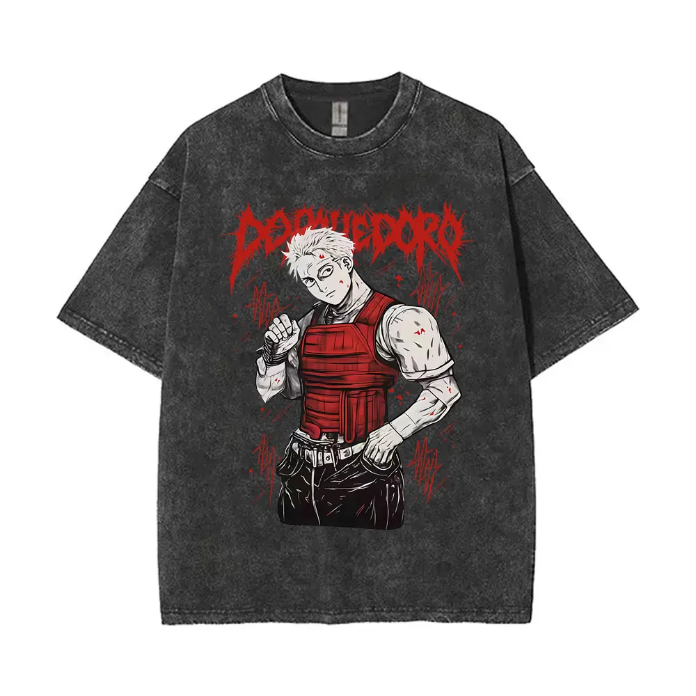 Anime Dorohedoro Nikaido Kaiman Washed Vintage T-shirt Men Women Clothing Gothic Horror Cotton T Shirt Male Oversized Streetwear