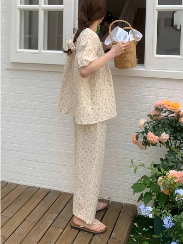 Pure Cotton Summer Sleepwear Set for Women Casual Sweet Floral Lace  Short Sleeve Long Pants Home Clothes Student Pyjamas