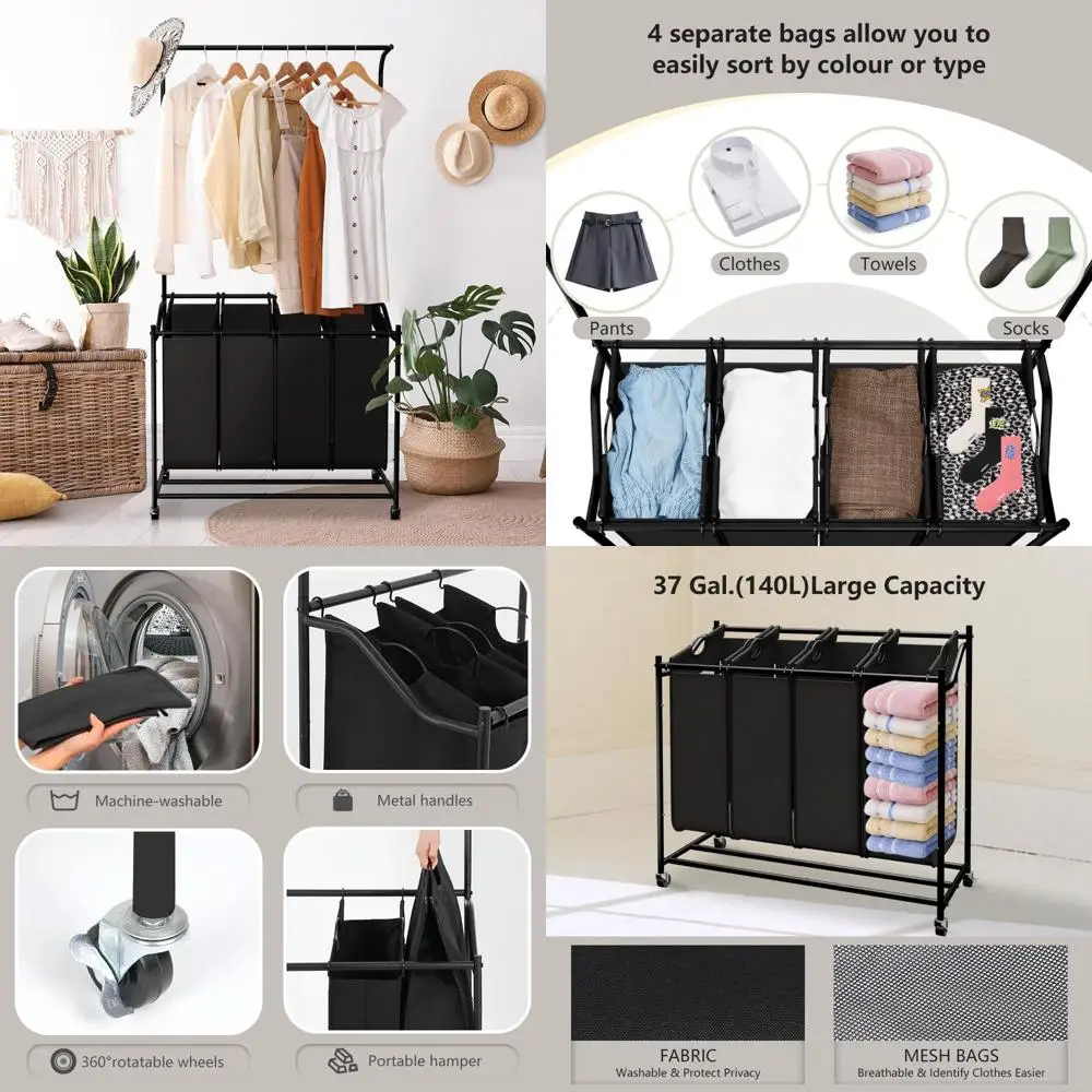

4-Section Laundry Sorter with Hanging Bar and Rolling Basket Cart for Home, Black