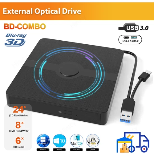 Unidad Blu-ray externa USB 3,0, unidad óptica portátil 3D BD-Combo, reproductor de CD y DVD, lector de grabadora de CD para ordenador portátil, PC, Windows 11/10 Mac