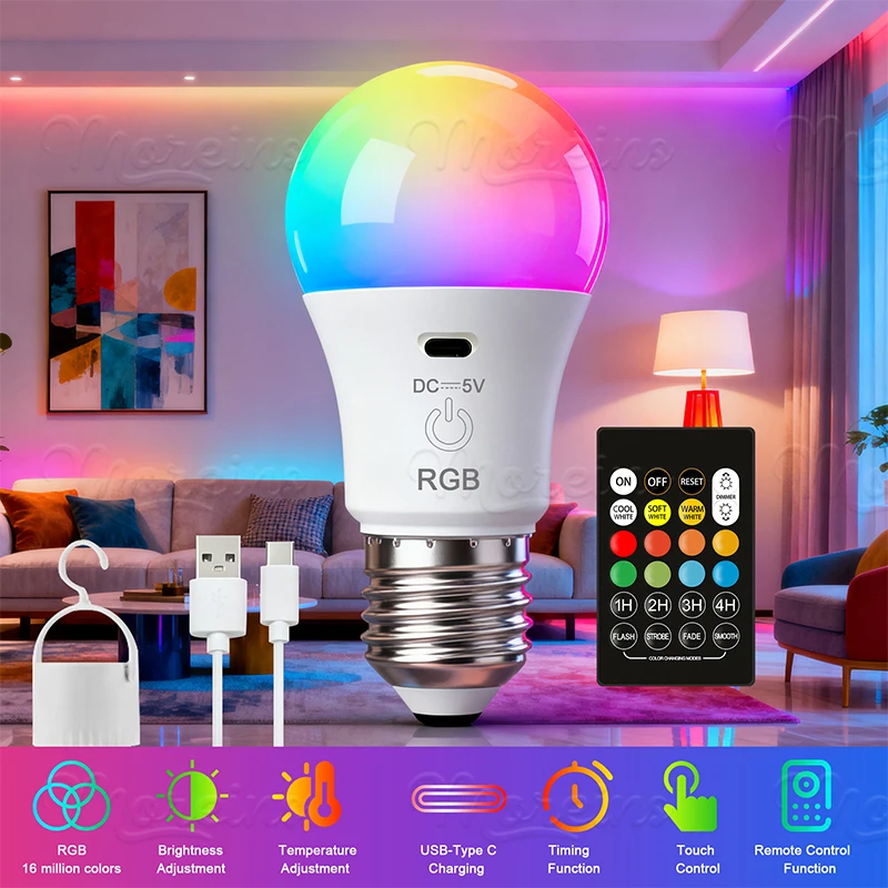 5V Touch RGCW Color USB Led Bulb Rechargeable Lights Smart Bulb Dimmable E27 Bulbs With Timing Cordless Battery Operated Light