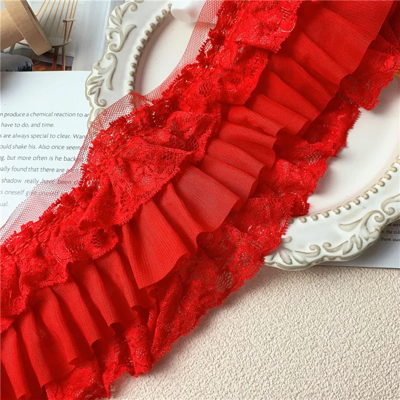 10CM Wide Three Layers Red Pleated Chiffon Lace Fabric Embroidery Fringed Ribbon Ruffle Trim Dress Clothing DIY Sewing Decor