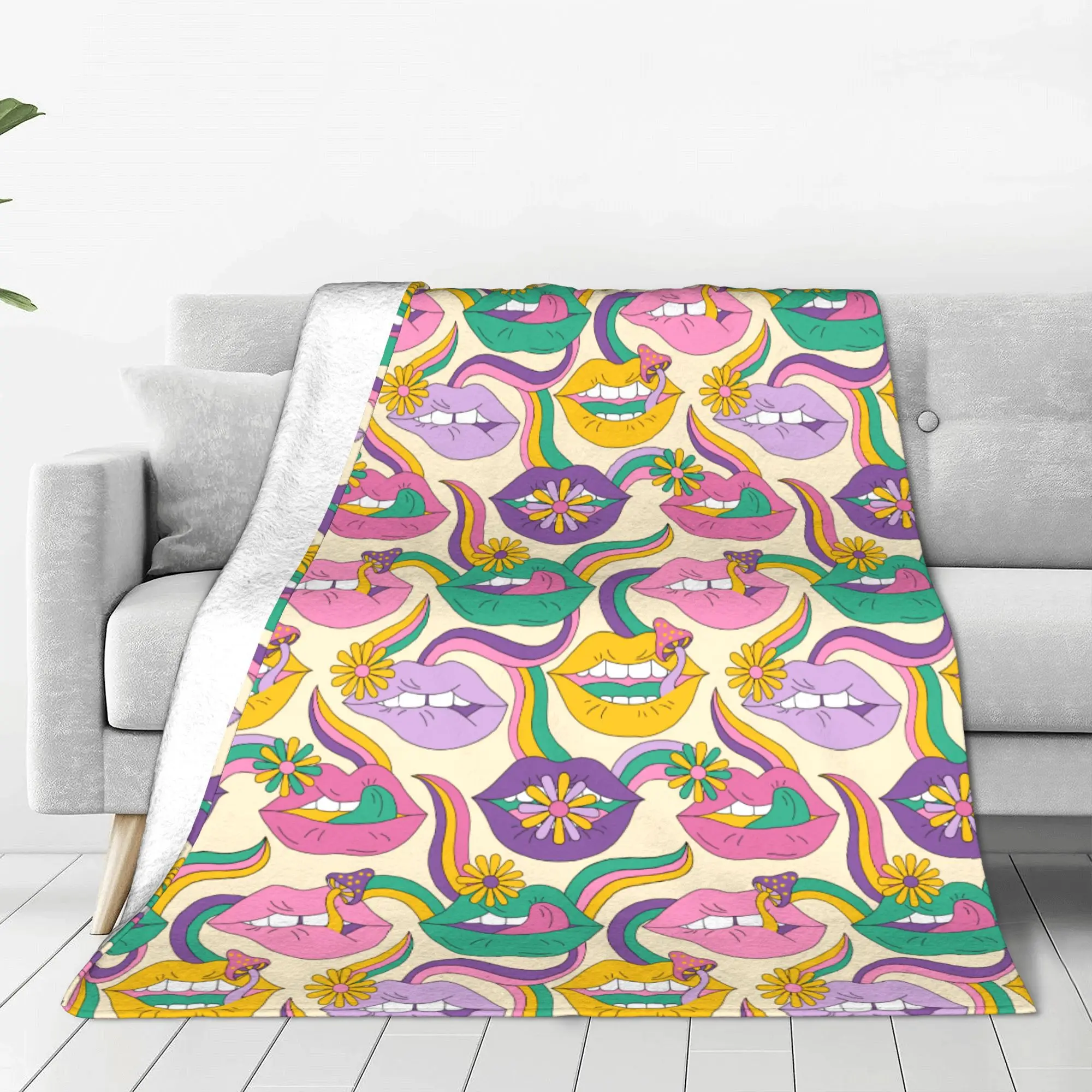 Psychedelic Sensual Lips Flowers Mushrooms Blanket for Couch 70s 80s Retro Hippie Style Soft Cozy Plush Blankets for All Season