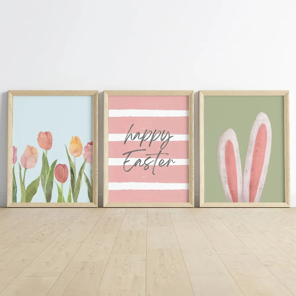 ​Frameless Poster,Cartoon Art,Easter Greetings,Rabbit Ears and Flower Decor Canvas,Ideal Gifts for Bedroom Living Room Corridors