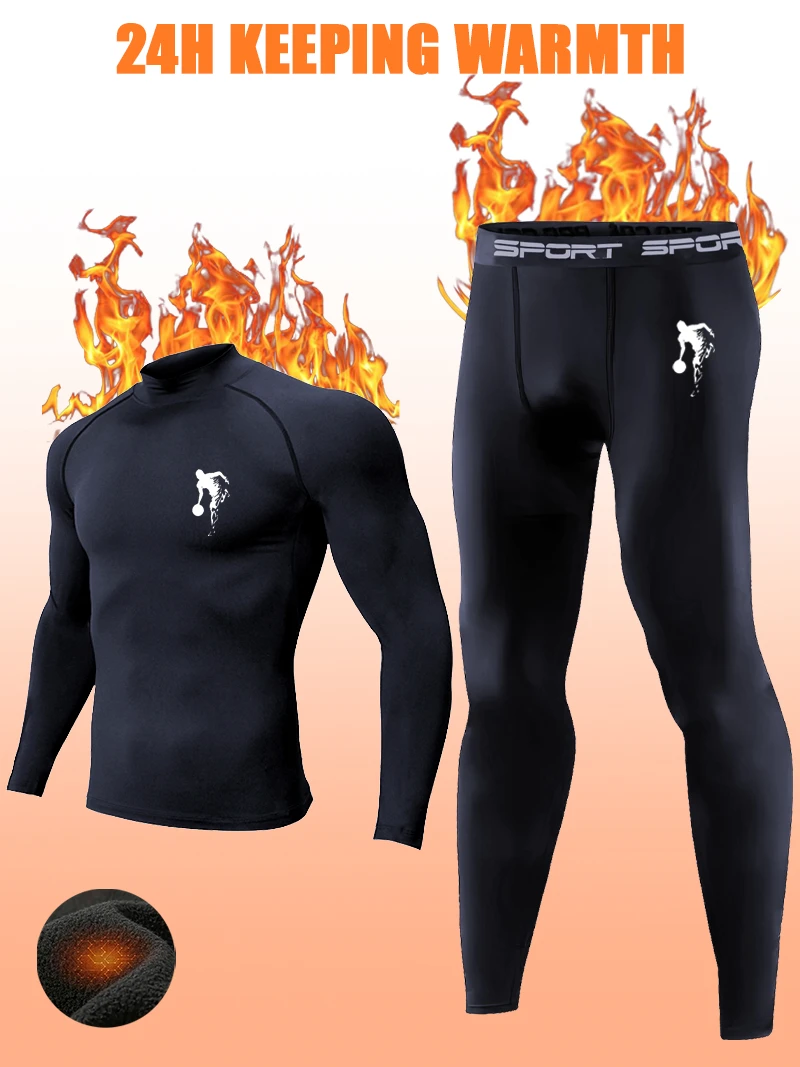 1-Set Men Raglan Mock Neck Fleece Compression Sports Set Black Long Sleeve Top Pants with White Basketball Player Print | Great