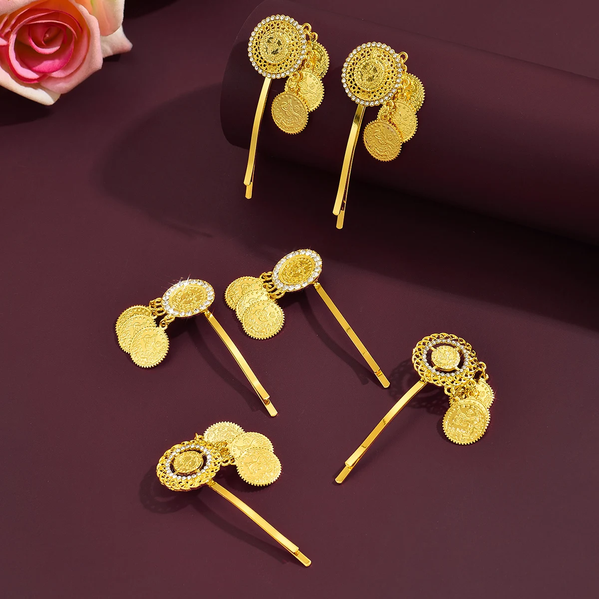 A Pair Of Golden Coin & Crystal Hair Pins Retro Ethnic, Hollow-Carved. For Dance, Bride Hairstyling & Outfits—Luxurious Charm