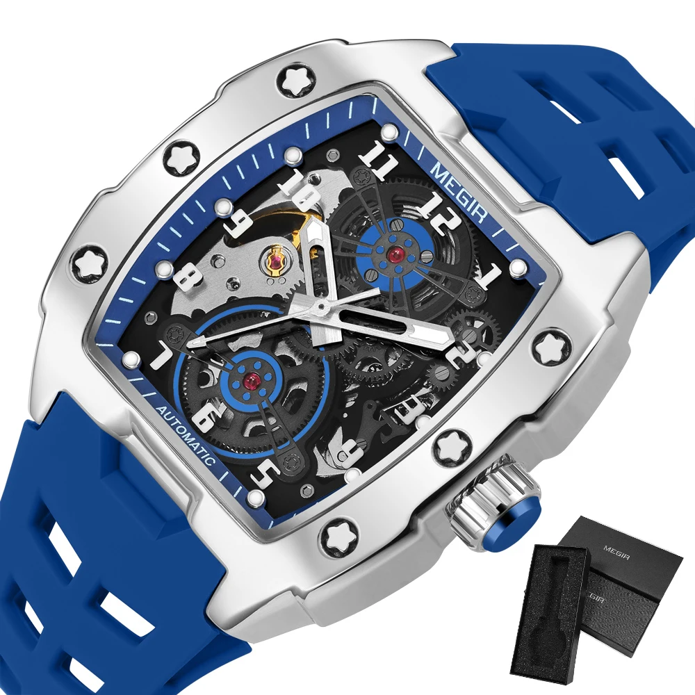 MEGIR Blue Automatic Mechanical Watch for Men Fashion Casual Sport Waterproof Wristwatch Male with Silicone Strap Tonneau Dial