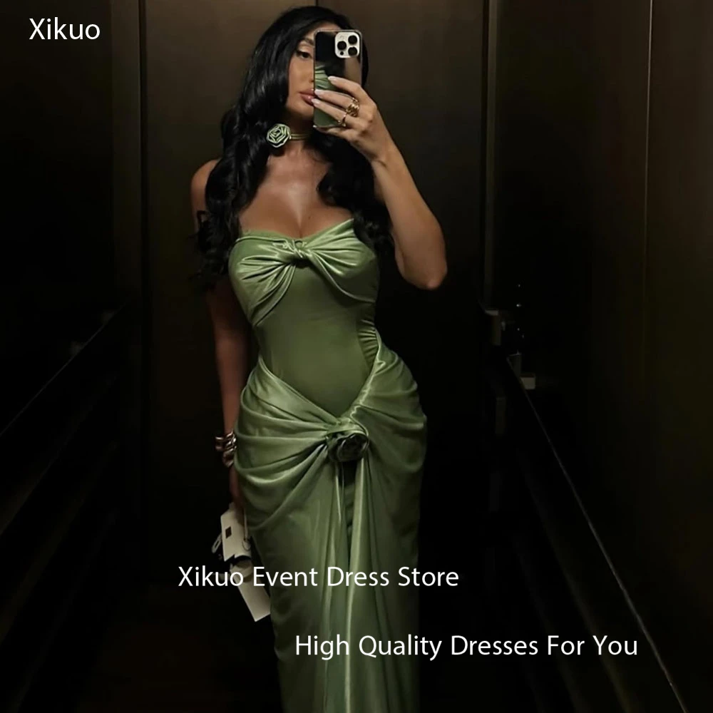 Xikuo エレガントなグリーンサテンイブニングドレスマーメイドストラップレスローブカクテルファムプリーツフロアレングスパーティーウエディングドレスカスタマイズ
