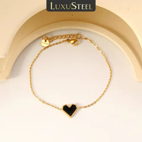 LUXUSTEEL 화이트 쉘 하트 스테인레스 스틸 팔찌 여성을위한 소녀 블랙 여성 체인 팔찌 매력 보석 선물
