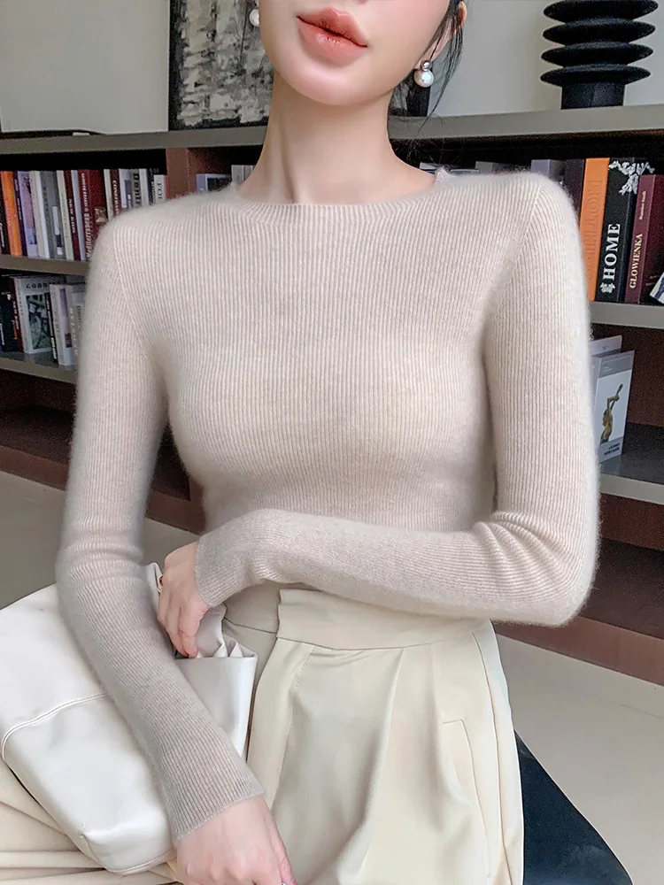 New Chic Women O-neck Slim Pullover Sweater Spring Autumn Simple Style Pure Color Long Sleeve 100% Merino Wool Knitwear Korean