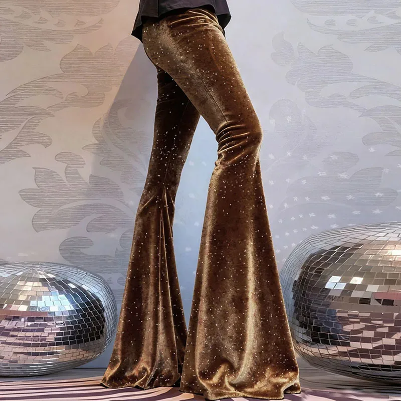 セクシーなダイヤモンド光沢のあるベルベットフレアパンツ女性 2026 春エレガントなハイウエストスリムロングパンツ秋のファッション快適なソフトパンツ