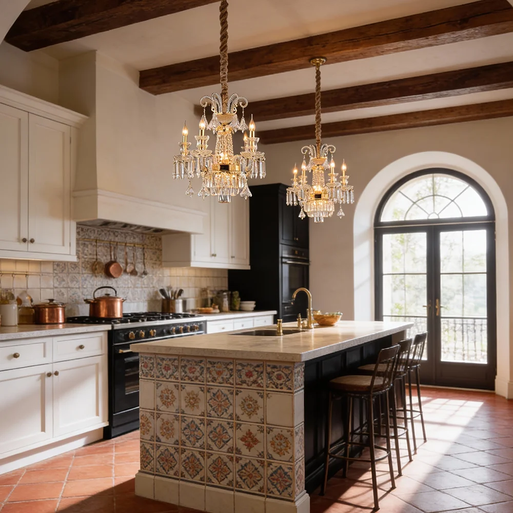 

French Classical Chandelier Crystal Luxury Kitchen Pendant Light K9 Crystal Golden Chandelier Pendant Light Kitchen Light