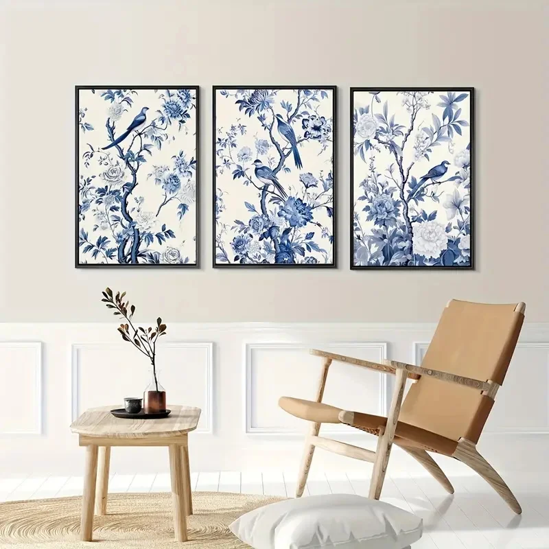 frameless Canvas Painting 3pcs Canvas Poster Blue and White Floral Bird Canvas Art Prints Modern Art Wall Art Bedroom Living Ro