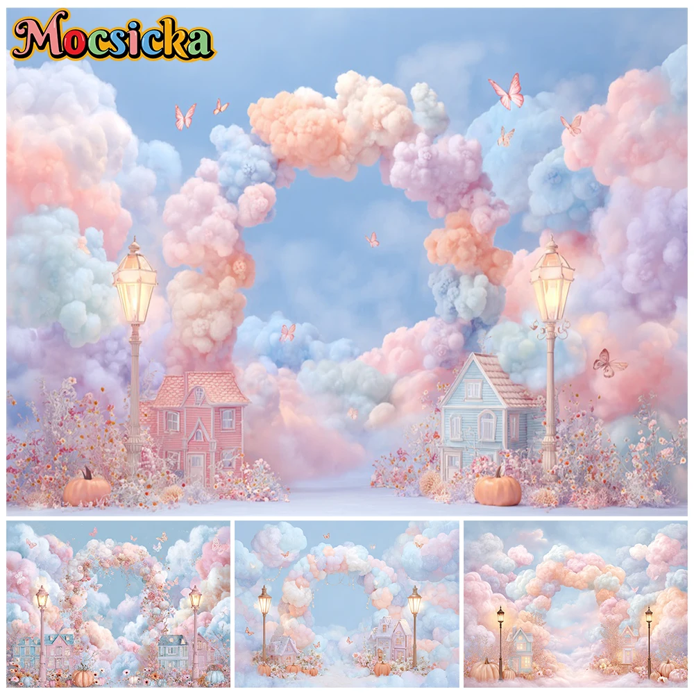 

Mocsicka Dreamy Candy Land Backdrop Pastel Cloud Arch Cute Houses Butterflies Street Lamps Photography Background Cloth Tapestry