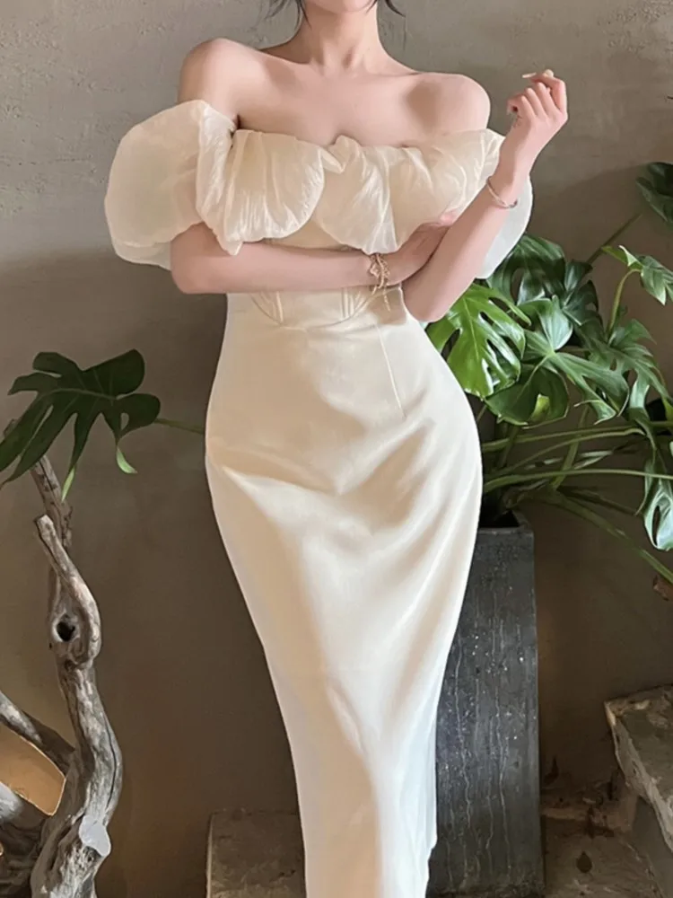 

Chic Elegant Slash-Neck Dresses For Woman Slim Waist Puff Sleeve Bodycon Soild Long Dress Party Prom Gown 2025 Spring Summer