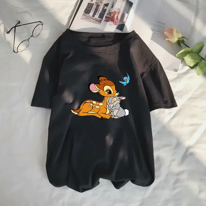 

Cartoon Bambi New 2024 Women Printed T Shirt Girl Short Sleeve Shirt Disney Clothes Funny Harajuku Y2K Kawaii Streetwear Clothes