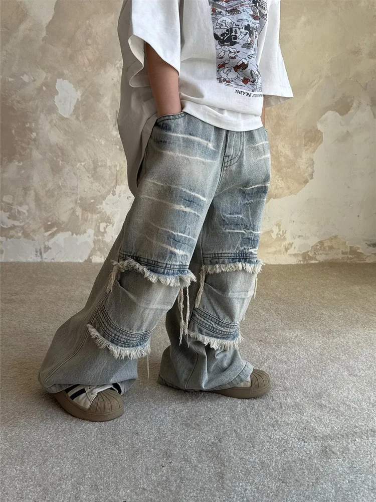 

Новые весенние детские лоскутные джинсовые штаны, джинсы для маленьких мальчиков, свободные брюки для девочек, модные повседневные детские джинсы, От 2 до 8 лет