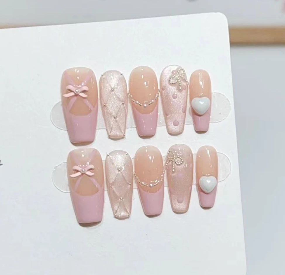 Faux Ongles en Forme de Cercueil Faits à la Main pour Fille, Couverture Complète, Poignées Amovibles, N64.souhaits Ons, 10 Pièces