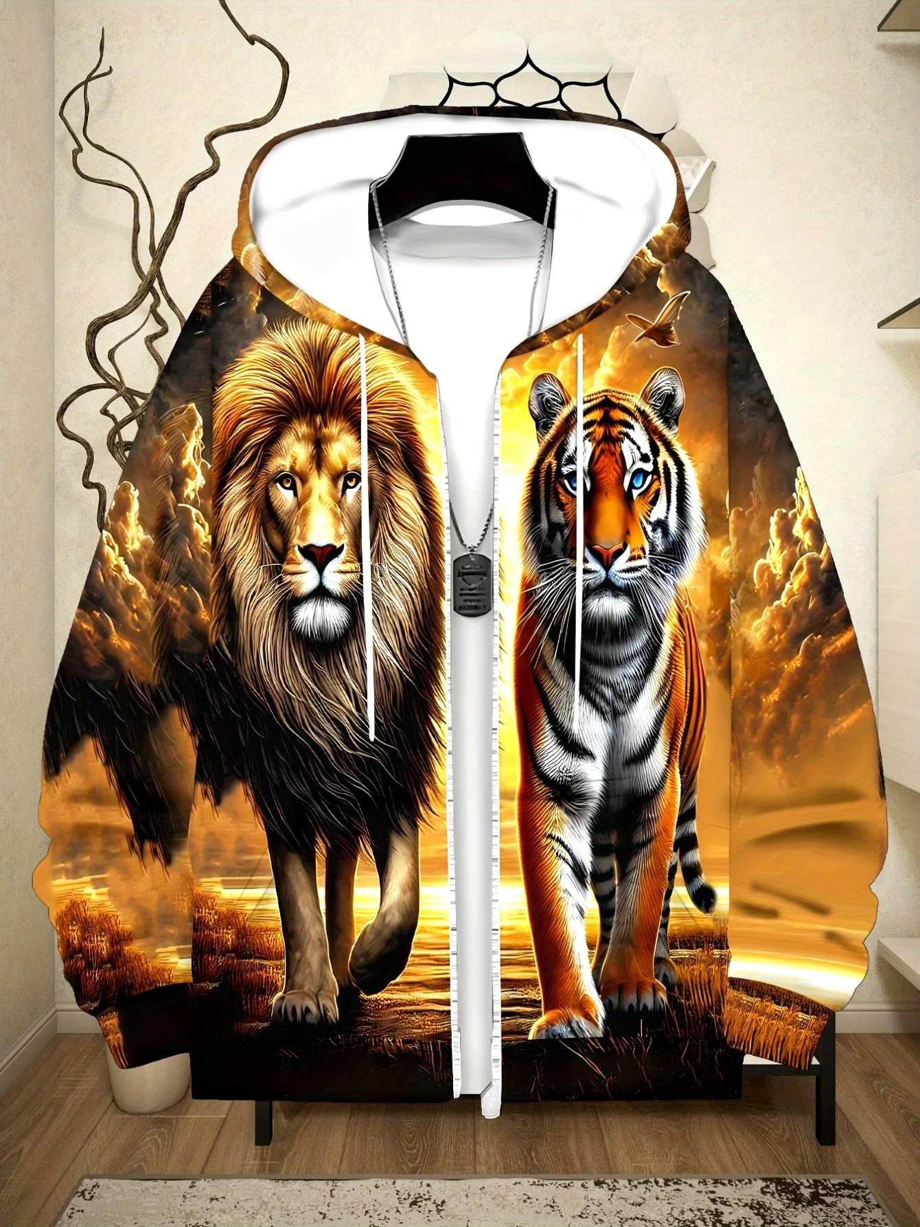 Moletom com capuz com zíper para homens com estampa de leão e tigre para uso em sala de estar, cores laranja e marrom vibrantes, leve e durável