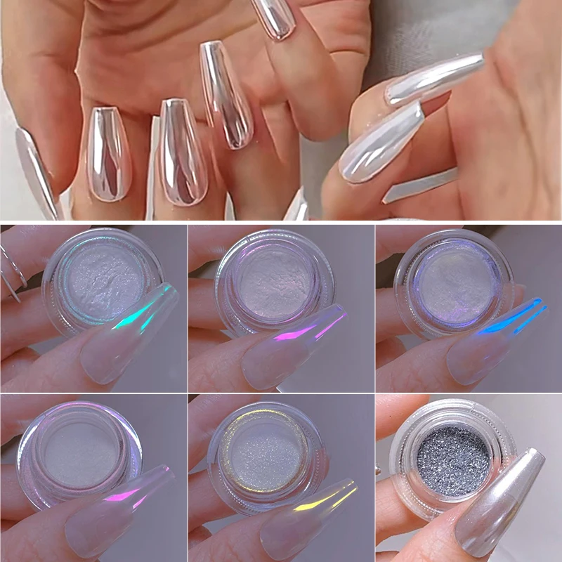 

6pcs Mirror White Moonlight Nail Powder Pigment Holographics Aurora Pearl Rubbing Powder Nail Art Glitter Decoration Salon DIY