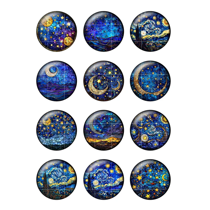 24pcs Round Glass Cabochons 8mm-25mm Blue Starry Sky Stars and Moon Art Patterns DIY Jewelry Making Findings & Components H316