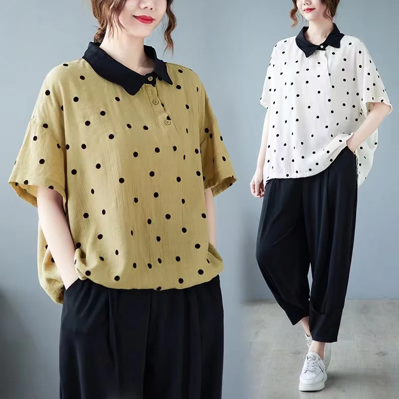 Estate New Sle Loose Casual Polka Dot Design Colletto rovesciato ort Sve Donna irt Versione coreana di grandi dimensioni