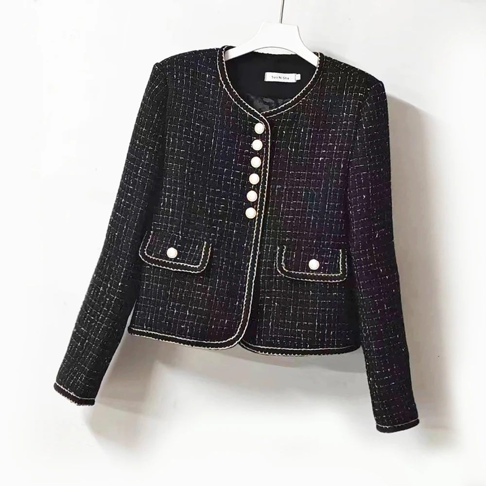 

High-End Korean Style Jacket Small Fragrance Tweed Woven Quilted Woolen Suit For Women Autumn Winter 2025 O-Neck Short Blazer