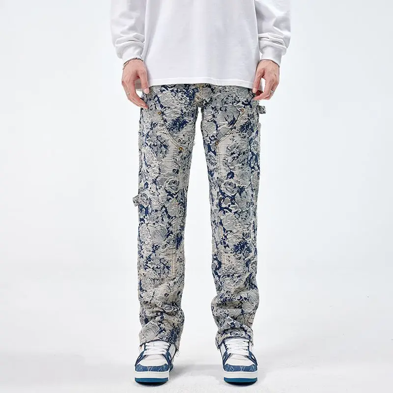

American retro jacquard jeans men's washed durable niche long pant loose casual pants men clothing jeans for men