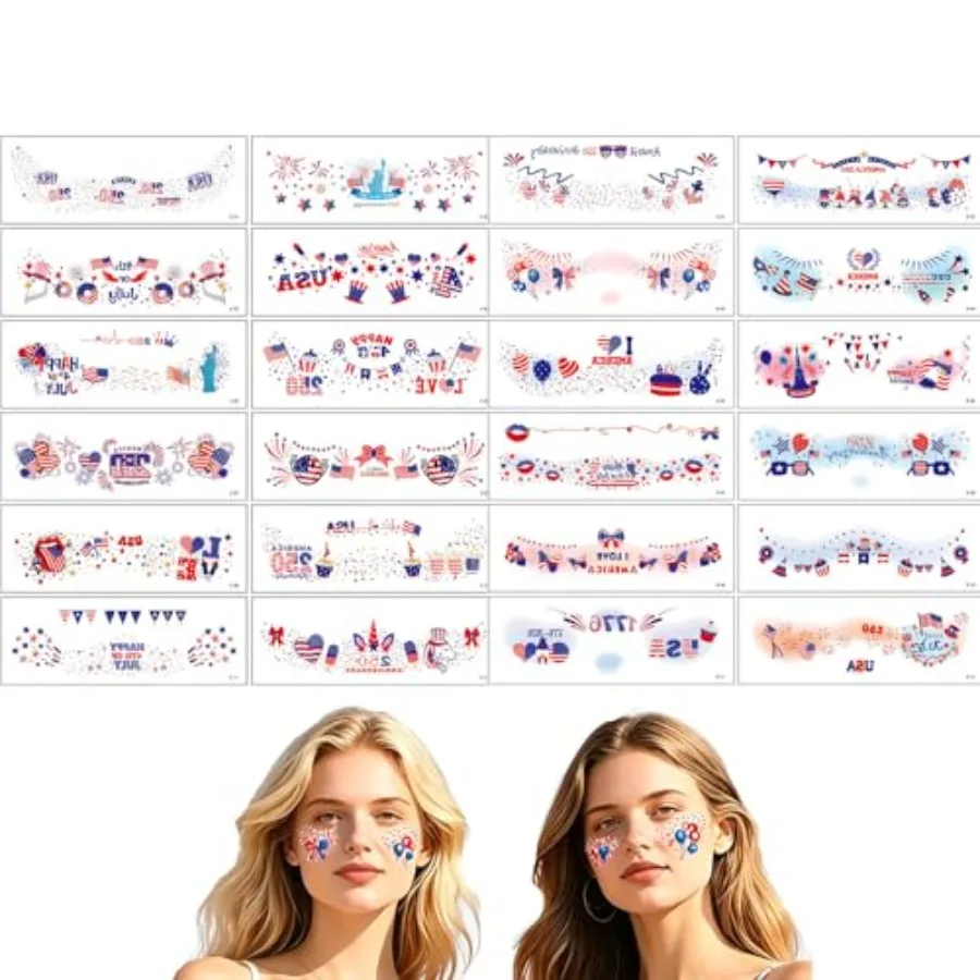 24 Sheets 4th of July Face Temporary Tattoo Sticker Patriotic Freckles Face Tattoos Red Blue White Star Freckles Makeup Patches
