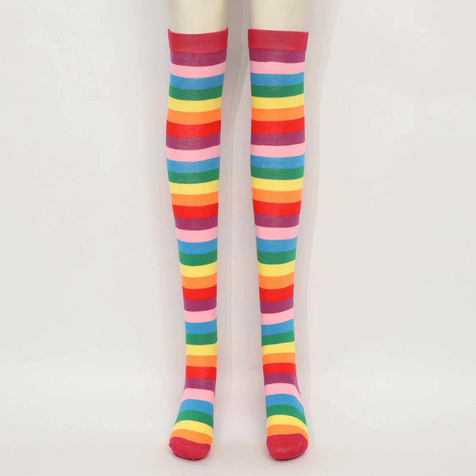 1 Pair Women Girls Thigh High Stockings Stretchy Fancy Rainbow Colorful Stripes Over Knee Long Socks Halloween Cosplay Costume