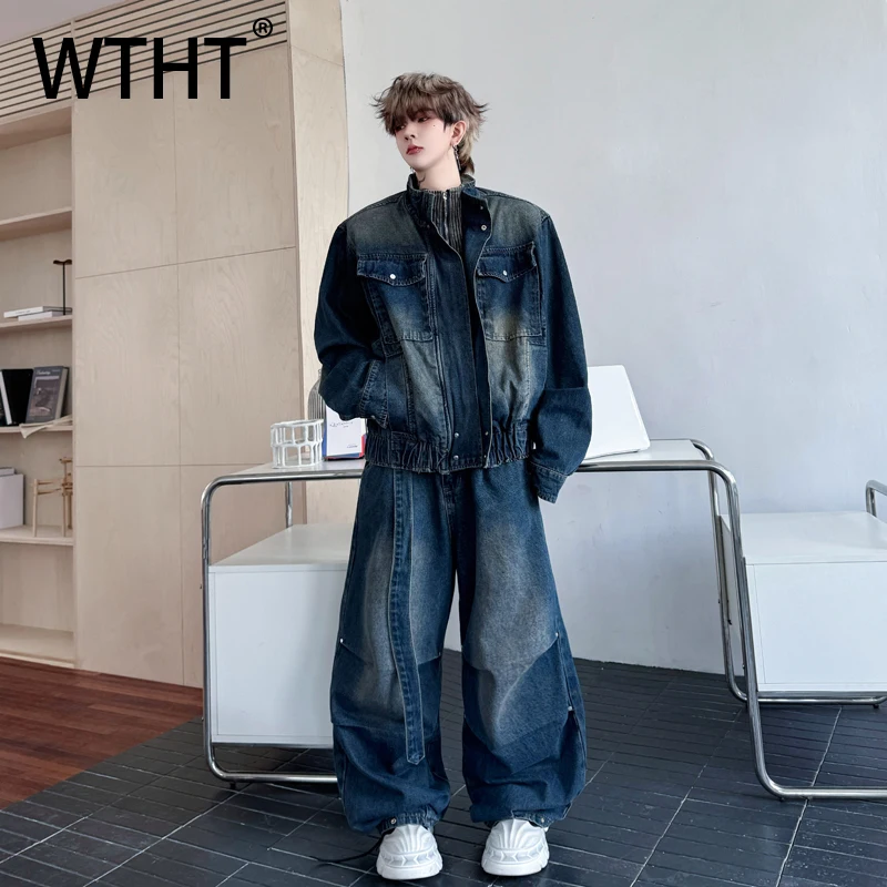 

WTHT Vintage Men's Set Do Old Pockets Cargo Denim Coats High-waisted Bandage Wide Leg Jeans Suit Male 2025 Autumn 2A1698