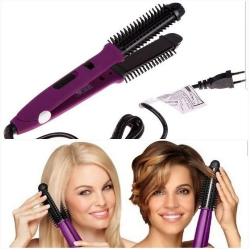 2 in 1 Ceramic Styler Hair Curler Brush Straight and Curl Curling Iron Shine Volumize Styling Hair Brush Irons 110-240V