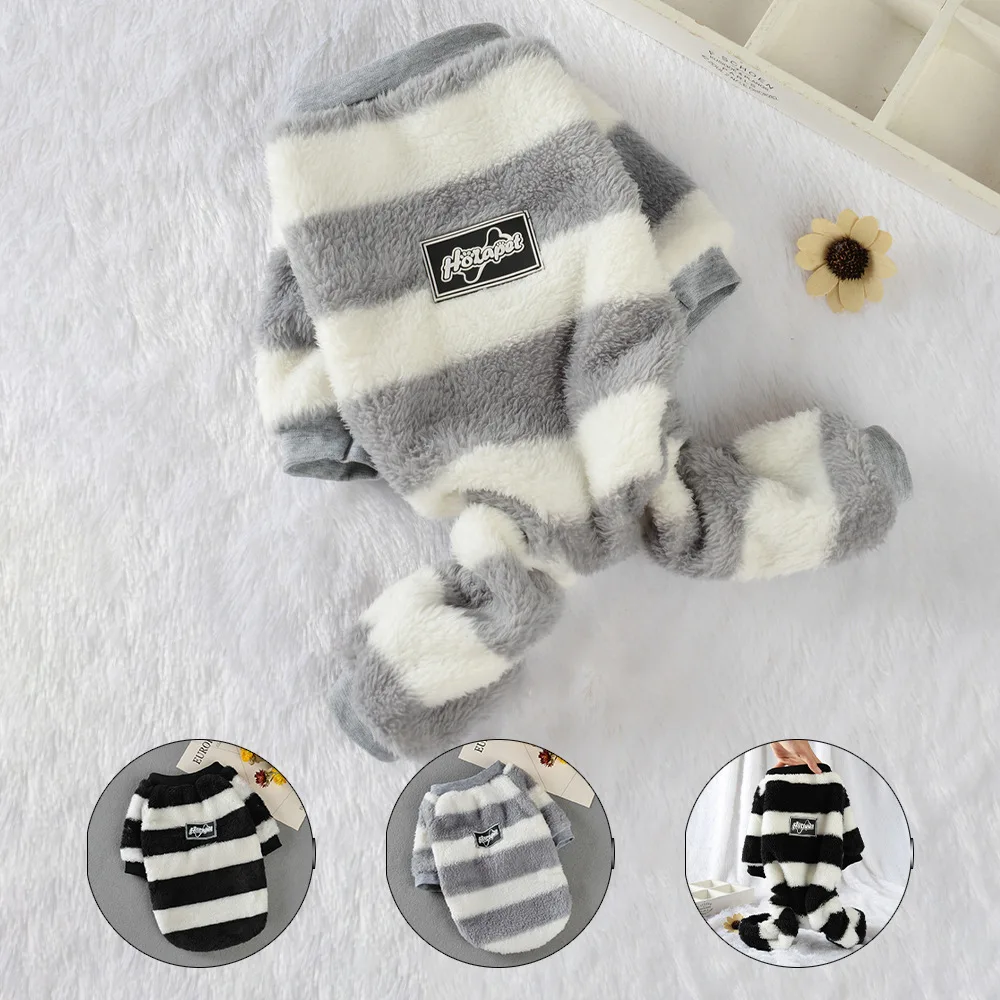 Pet Striped Plush Jumpsuit Cute Pet Autumn and Winter Hoodie Teddy Sports Casual Striped Fleece Hoodie Puppy Clothes Dog Pajamas