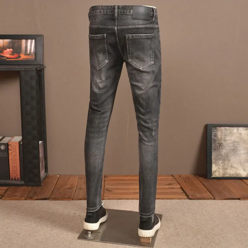 Fashion Streetwear Men Jeans Retro Black Gray Elastic Slim Fit Ripped Jeans Men Vintage Designer Denim Pencil Pants Hombre