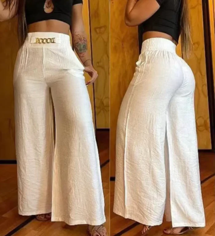 

Fashion New High Waist Solid Wide Leg Pants Women Elegant Loose Metal Casual Trousers Summer Office Ladies Straight Pants