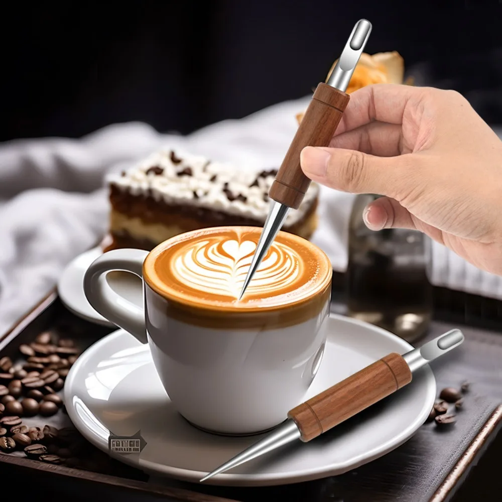Stainless Steel Coffee Art Needles Coffee Drawing Tool with Wood Handle, Double-Ended Barista Accessories for Home& Cafe Use