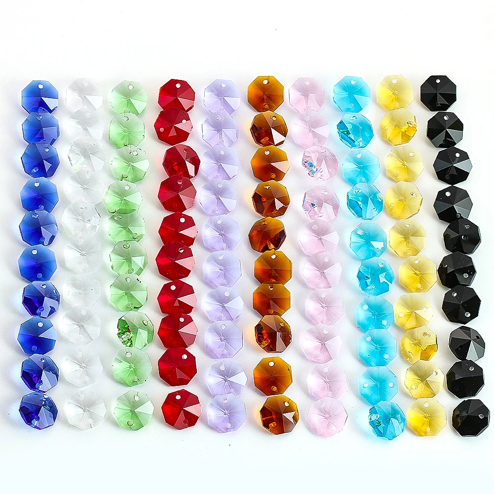 100pcs Glass Octagon Beads Colorful Crystal Chandelier Part Replacement Loose Bead Hanging Pendant DIY Suncatcher Strand Jewelry