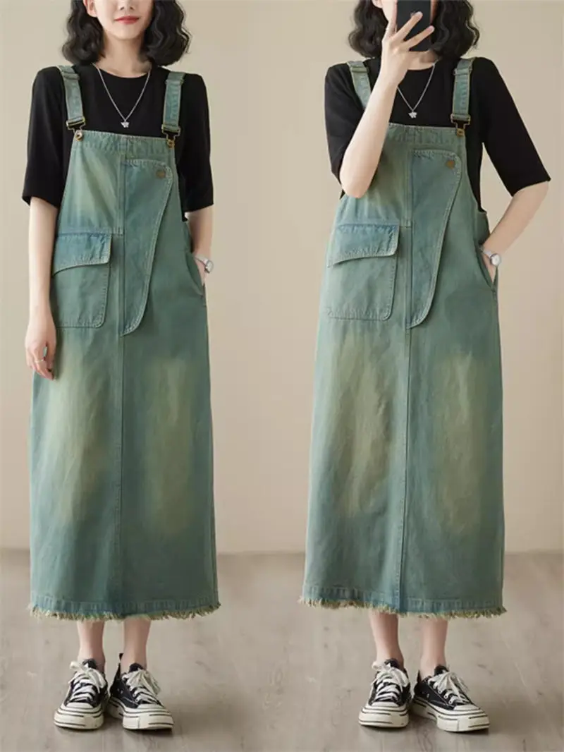 

Retro Washed Pocket Jeans Dress Patch Design Versatile Fashion 2024 Spring Summer Strap Denim Overall Dress For Women K496