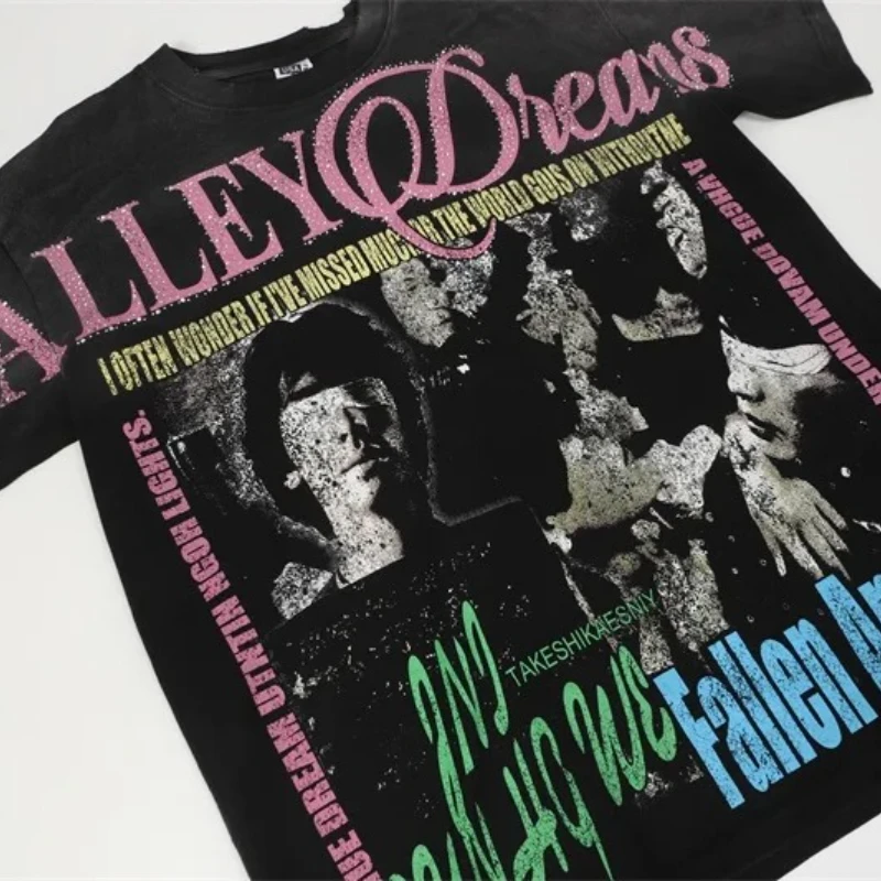 تي شيرت رجالي أسود بأكمام قصيرة من VALLEY مصنوع من القطن الخالص ملابس الشارع الأمريكية تي شيرت علوي