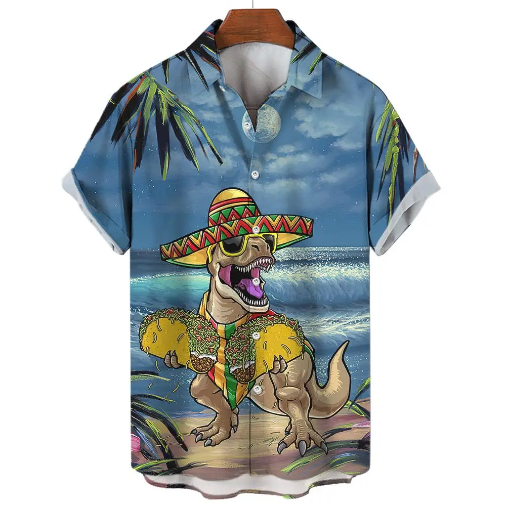 Camisa havaiana com estampa 3D masculina, Dinossauro Gráfico, Botão, Manga curta, Streetwear lapela, Moda verão