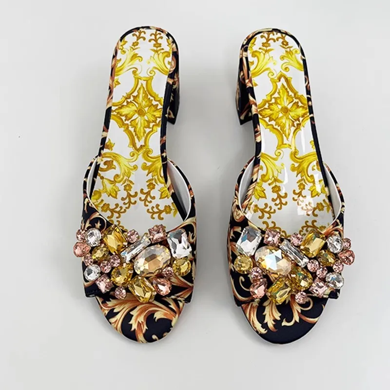 2025 New Yellow Brown Printed High-Heeled Slippers for Women Rhinestones Exposed Toes Chunky Heels Sandals Muller Shoes