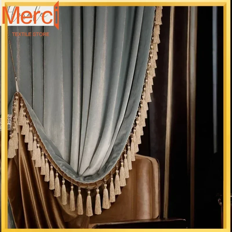 

French Light Luxury Curtains For Villa Living Room Bedroom New Blue Golden Brown Curtains High-end Thickening Shading Customized