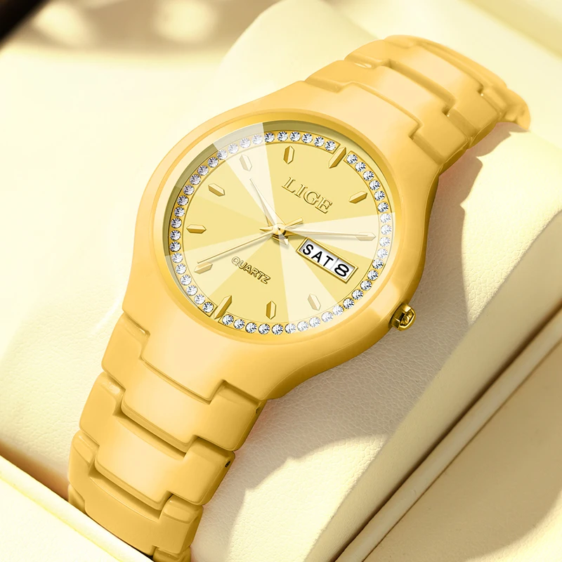 LIGE 2026 ساعات نسائية فاخرة موضة الماس كوارتز ساعات المعصم مقاوم للماء تاريخ الأسبوع ساعة سيراميك هدايا السيدات Reloj Hombre #1