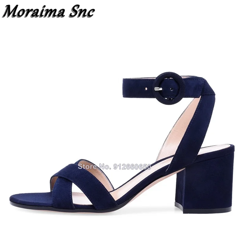 

Moraima Snc Solid Open Toe Blue Sandals Suede Pink Round Buckle Chunky High Heel Sandals For Women Square Heel Shoes On Heels