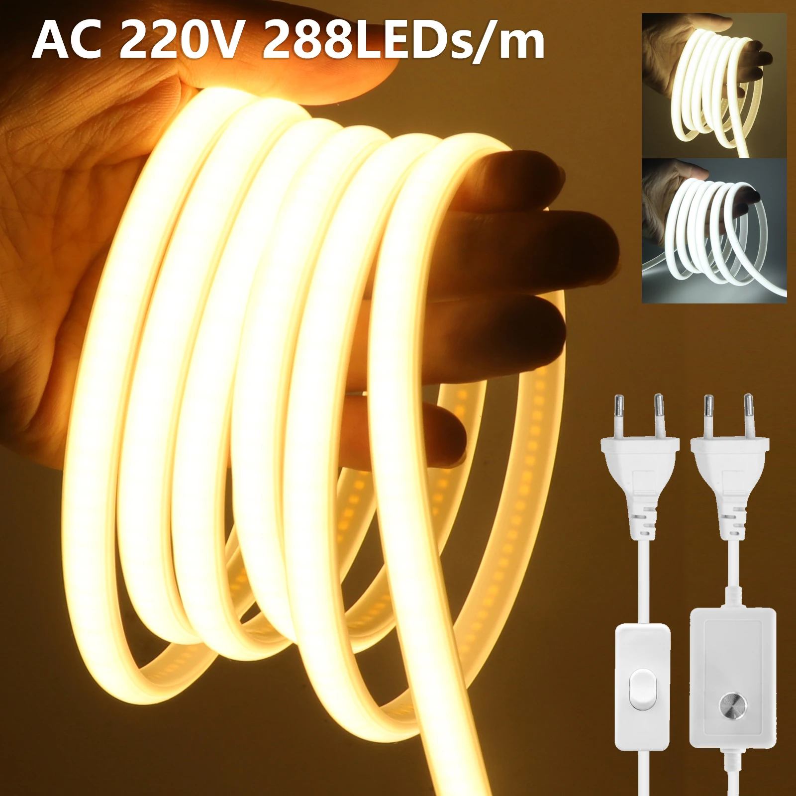 

COB LED Light Strip 220V 288LEDs/m Waterproof COB LED Strip with Switch/Dimmer Flexible Tape for Kitchen Outdoor Garden Lights