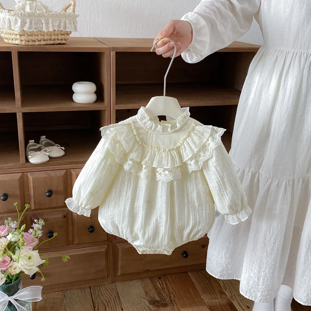 Princess Baby Girl Romper 0-2Years Cute Newborn Solid Color Long Sleeve Flower Bodysuit Cotton Outfits Autumn Clothes