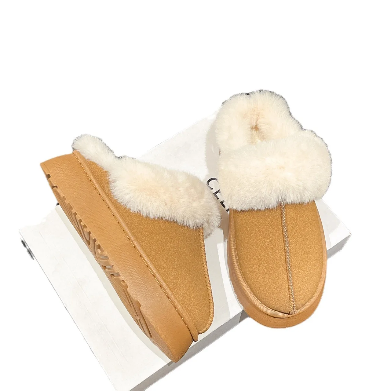 Nowe modne futrzane kapcie damskie puszyste zimowe buty domowe z pianki Memory Fuzzy kapcie gruby obcas pluszowy pantofel damskie bawełniane buty